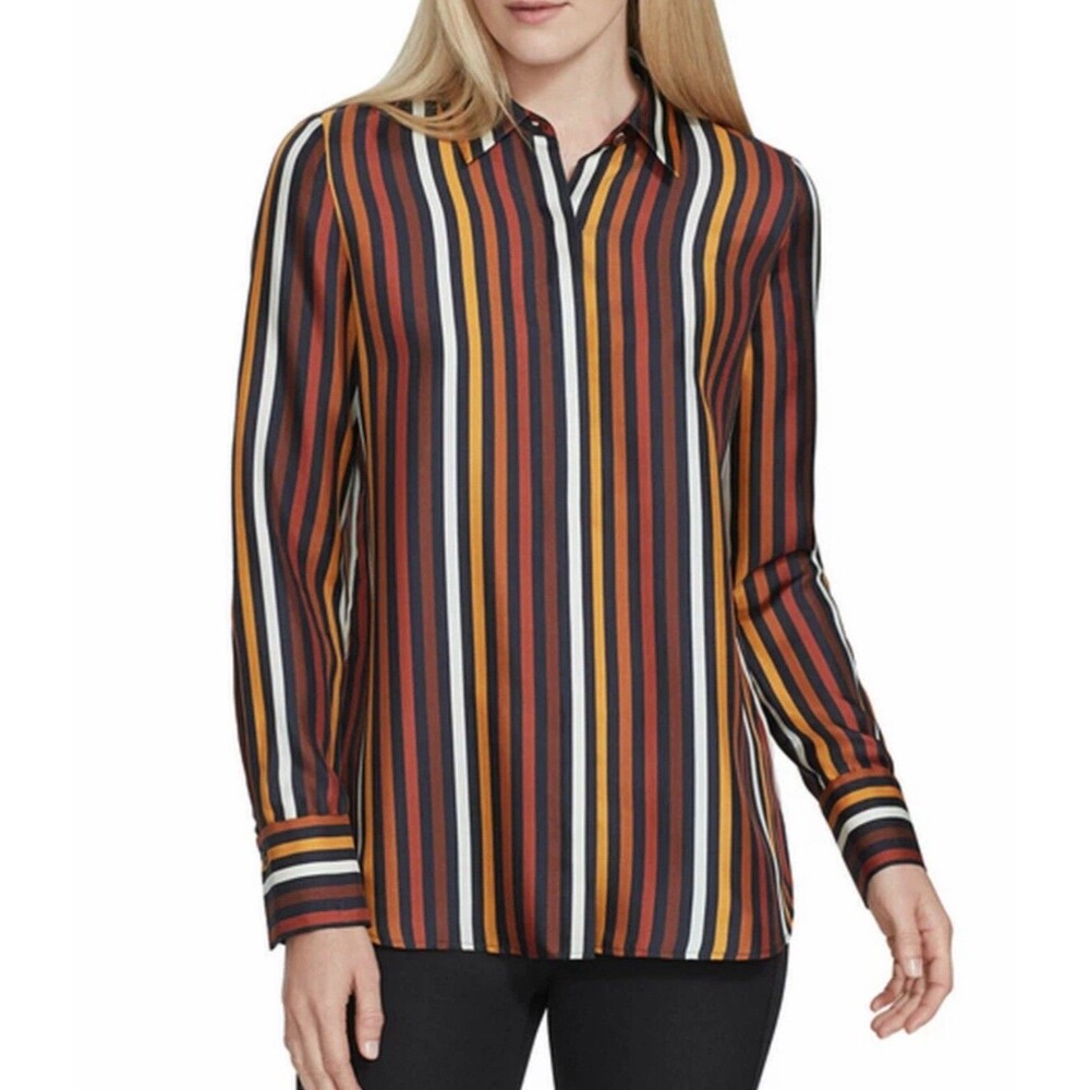 Lafayette 148 NY Scottie Horizon Stripe Silk Blouse Size L MSRP $498